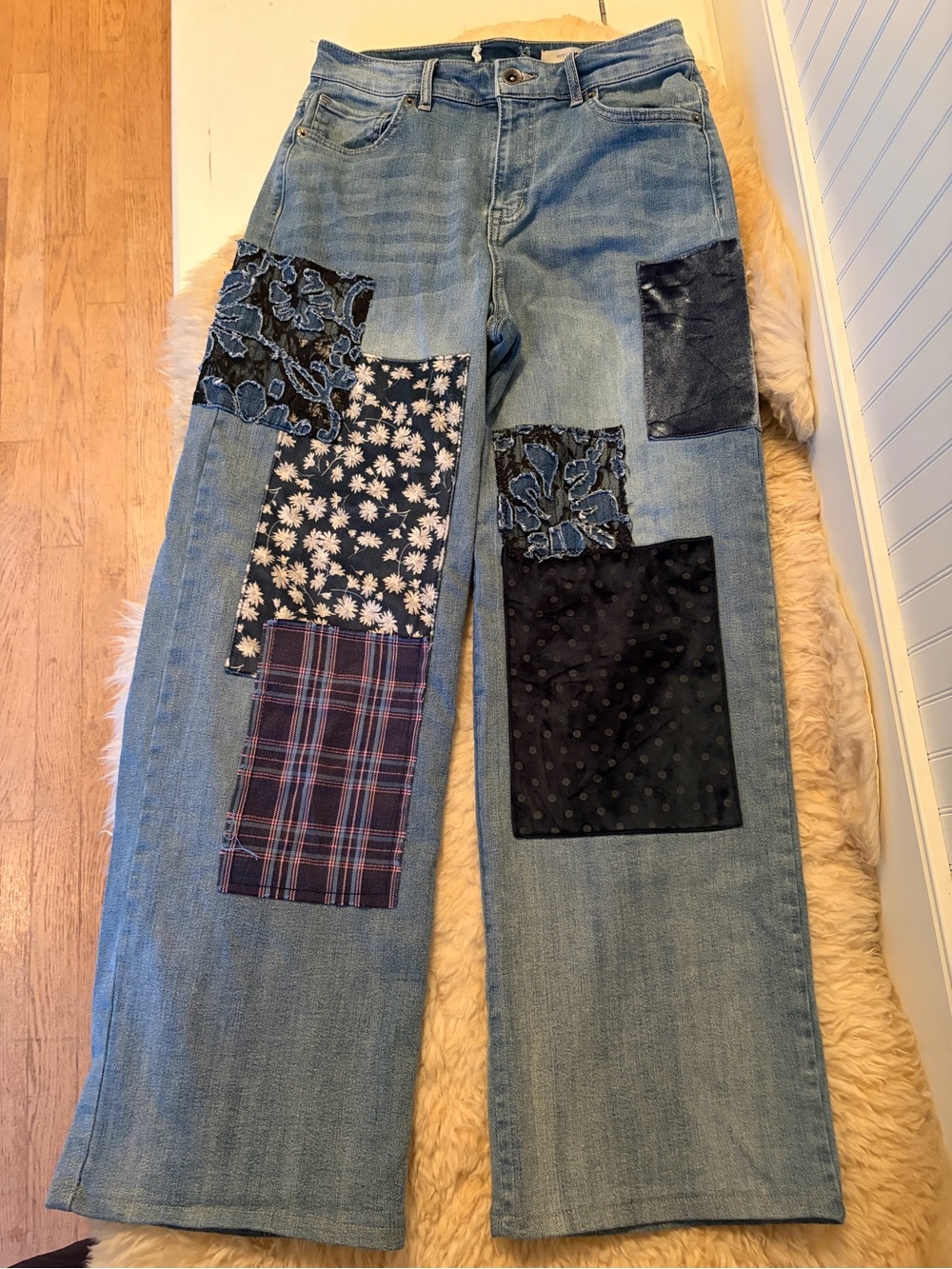 Blue Patchwork Wide-Leg Women's Jeans
